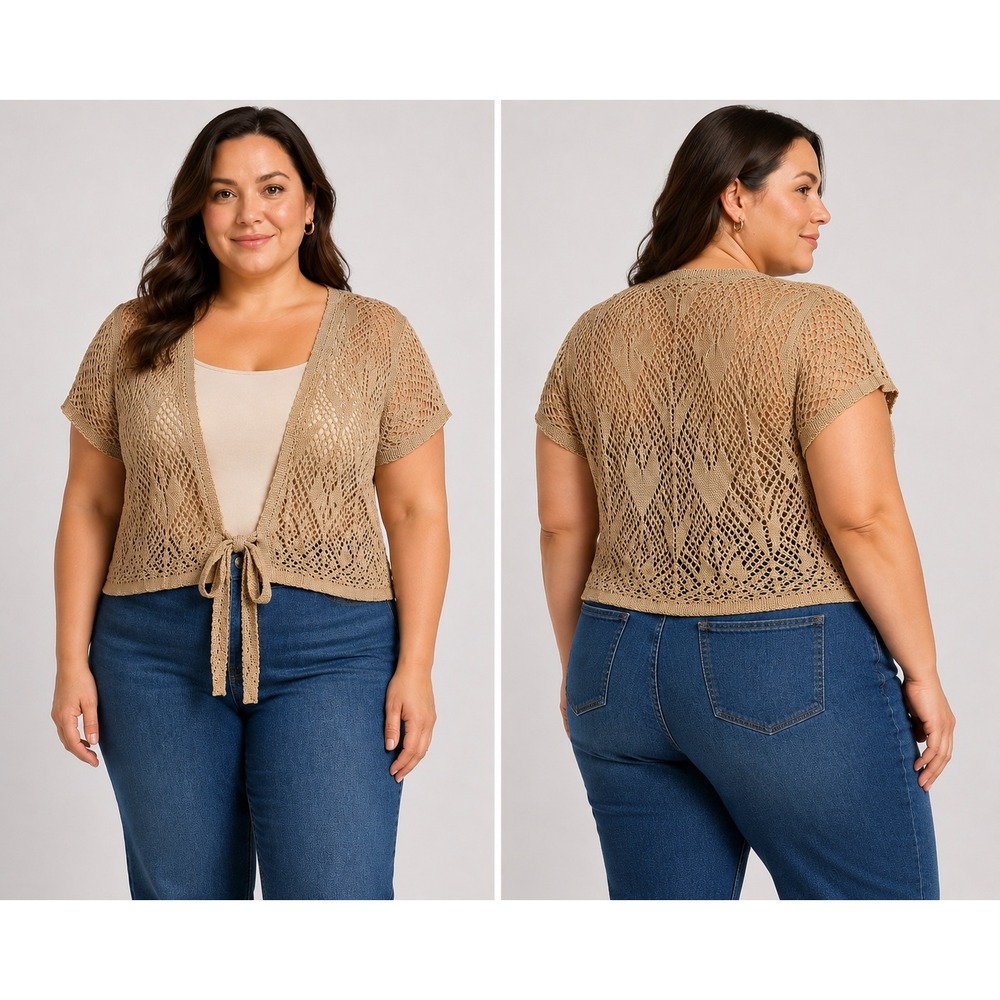 Fresh Produce Tan Gold Open Knit Tie Front Cropped Cardigan Sweater Womens Large